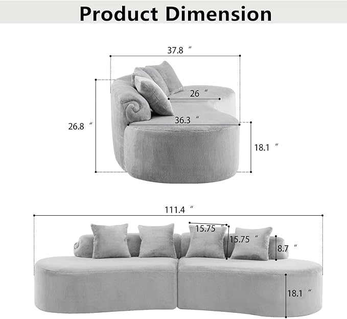 Curved Multi-Seater Sofa, Modern Modular Sofa with Cylindrical Backrest & 4 Coordinating Pillows, 111'' Flannelette Leisure Combination Couch with Ergonomic Design for Living Room, Light Grey