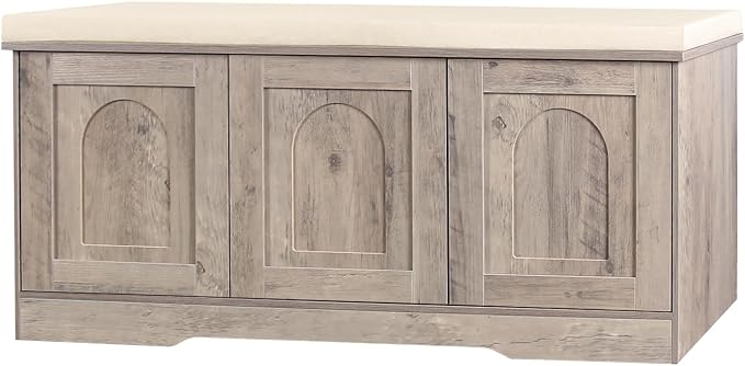 DINZI LVJ Shoe Bench, Entryway Storage Bench with Doors, Cushion, 2-Tier Shoe Rack with 6-Cubby, 39.4”L x 13.8”W Shoe Organizer Cabinet, Adjustable Shelf, Living Room, Bedroom, Greige by DINZILVJ