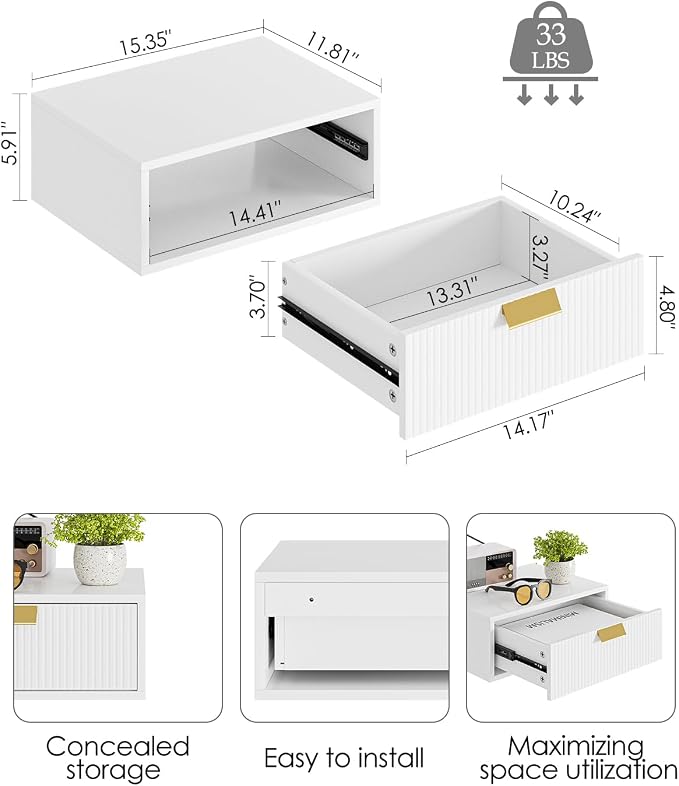Aienvey Floating Nightstand, Floating Shelf with Drawer, Wall Mounted Nightstand, Floating Bedside Table (White Stripe) - Image 2