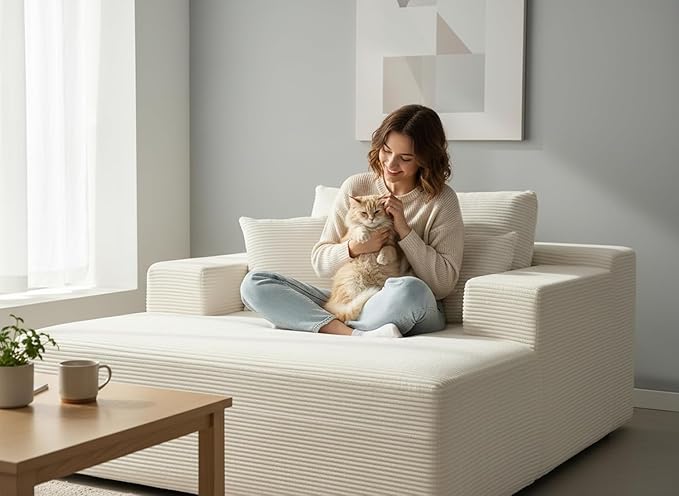 Monroe Convertible Chaise Lounge Chair Indoor – Oversized Corduroy Couch with Wide Armrest & Throw Pillows, Cozy Boneless Sleeper Sofa Bed Armchair, Beige