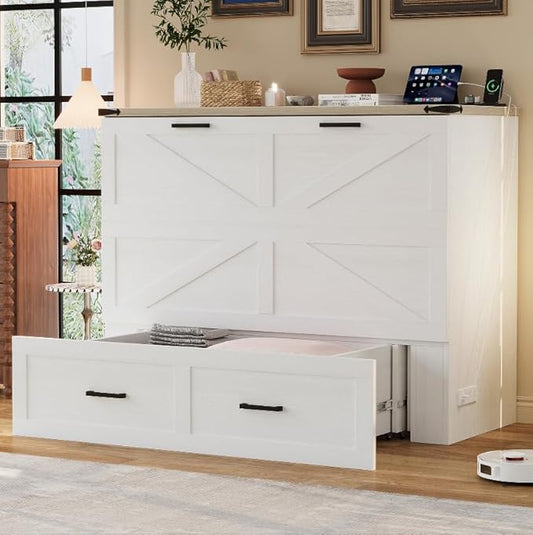 Bellemave Full Size Murphy Bed, Cabinet Bed with Charging Station and Storage, Farmhouse Murphy Cabinet with Foldable Panel, Noisy Free, for Guest Bedroom, Living Room, Office, White