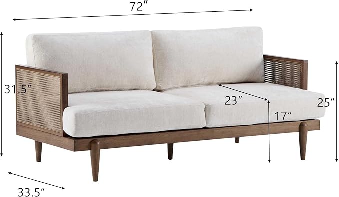 Merax 72" Spacious 2-Seater Sofa Couch with Armrests, Cane Rattan Wooden Frame Loveseat Sofa for Living Rooms, Bedrooms, Apartment, Office (Walnut+Beige)