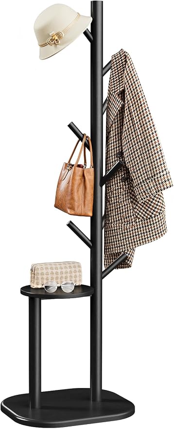 Pipishell Coat Rack, Freestanding Hall Tree with 8 Hooks & Storage Shelf, Solid Wood Base, 66.3″ Tall Coat Rack Stand for Coats, Hats, Bag in Entryway, Bedroom, Living Room, Black, PIFCR11B by Pipishell