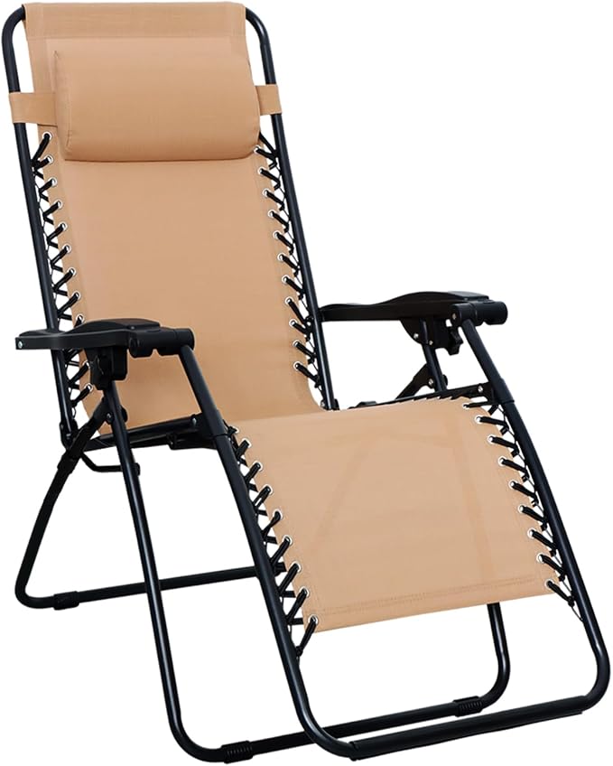 Amazon Basics Outdoor Patio Zero Gravity Folding Reclining Lounge Chair with Padded Headrest Pillow, Adjustable Lawn Chair for Outside, Weather-resistant Textilene, 26", Beige by AmazonBasics