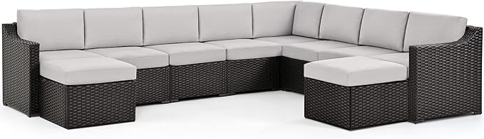 HAPPATIO 10 Piece Patio Conversation Set,All-Weather Patio Furniture Set with Multiple Configuration Options,Rattan Wicker Outdoor Sectional Sofa with Thick Cushions. Easy Setup. (Brown/Gray)