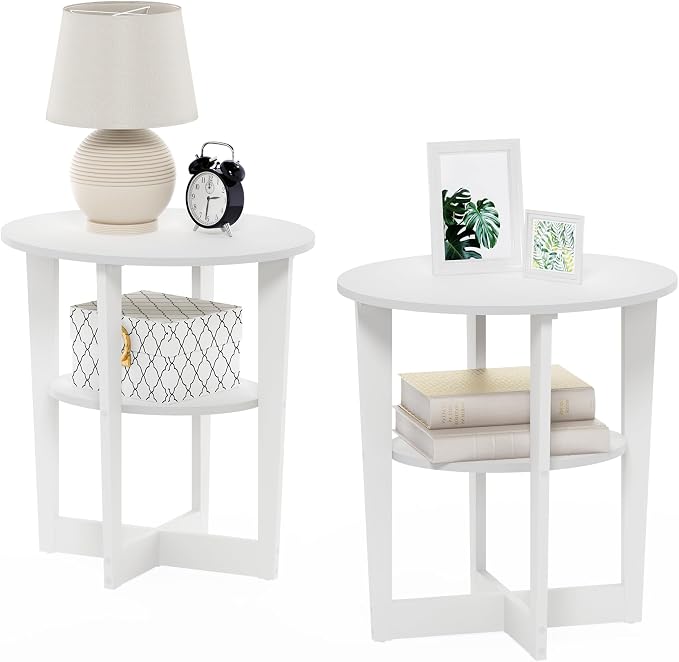 Furinno JAYA Side Table Set of 2, 2-Tier Round Modern End Table with Oval Tabletop, Night Stand, Bedside Table with Open Shelf, for Living Room, Bedroom, White by Furinno-FitsYourSpaceFitsYourBudget