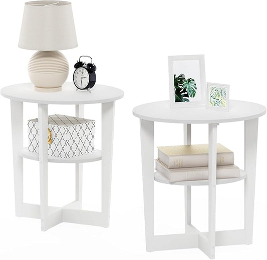 Furinno JAYA Side Table Set of 2, 2-Tier Round Modern End Table with Oval Tabletop, Night Stand, Bedside Table with Open Shelf, for Living Room, Bedroom, White by Furinno-FitsYourSpaceFitsYourBudget