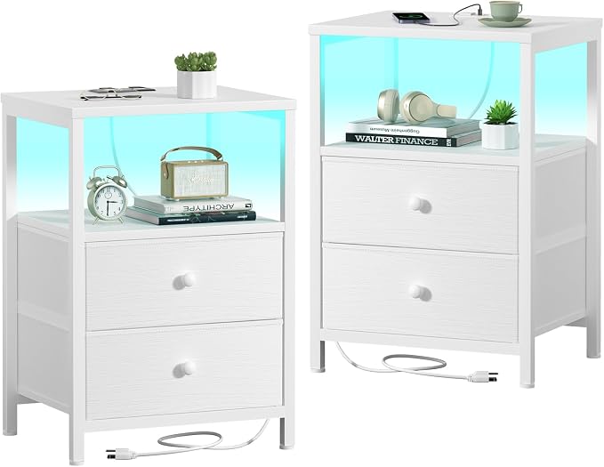 BOLUO White Nightstands Set of 2, Bedroom Night Stand Set Two Nightstand with Charging Station and LED Light, Bedside Table with 2 Fabric Drawers Modern by BOLUO