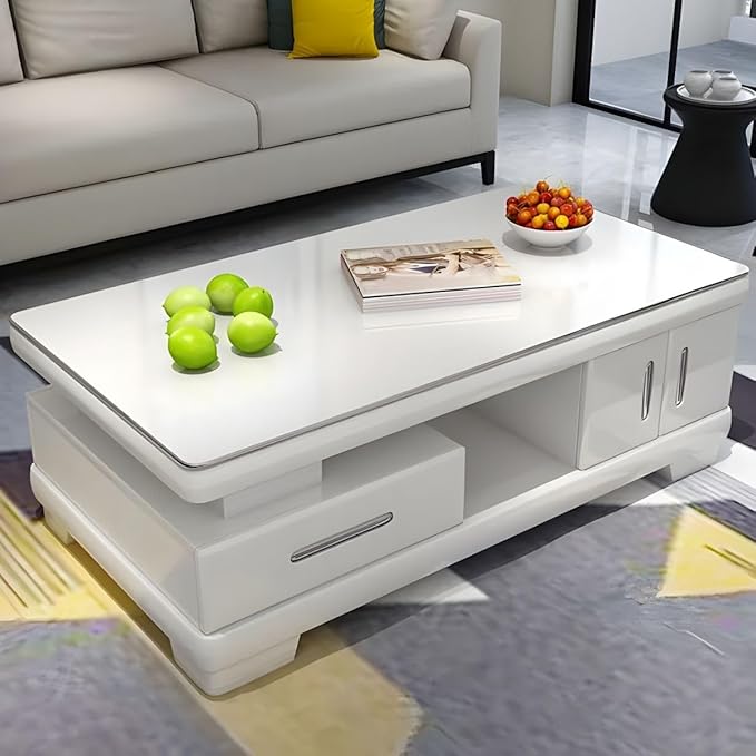 RUNNUP Modern Rectangular Glass Coffee Table with White Wood Base and Storage 2-Tier Coffee Table Accent Center Sofa Table for Living Room, Black 47" L x 24" W x 16.5" H
