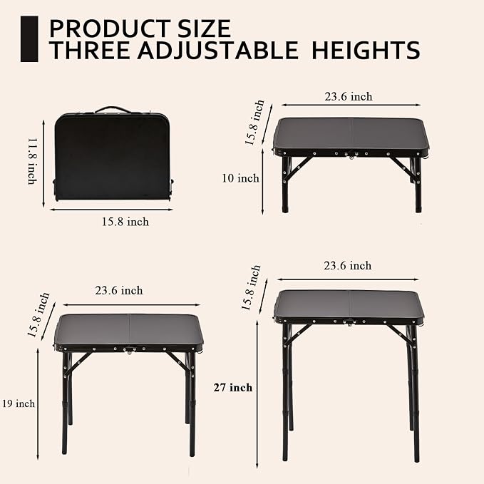 YihuiKo Folding Picnic Table with Storage Net, Matte Black Aluminum Folding Table 23.6" x 15.8", Adjustable Height Max 27.5", Lightweight Portable for Camping Travel Grill Indoor - Image 3