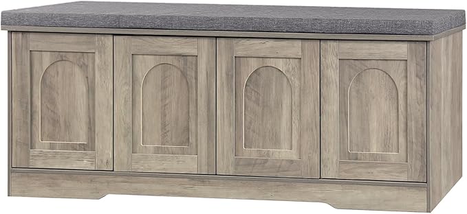 DINZI LVJ Shoe Bench, Entryway Storage Bench with Doors, Cushion, 2-Tier Shoe Rack with 8-Cubby, 47.2”L x 13.8”W Shoe Organizer Cabinet, Adjustable Shelf, Living Room, Bedroom, Gray Wash by DINZILVJ