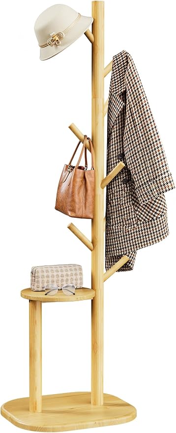 Pipishell Coat Rack, Freestanding Hall Tree with 8 Hooks & Storage Shelf, Solid Wood Base, 66.3″ Tall Coat Rack Stand for Coats, Hats, Bag in Entryway, Bedroom, Living Room, Wood, PIFCR11N by Pipishell