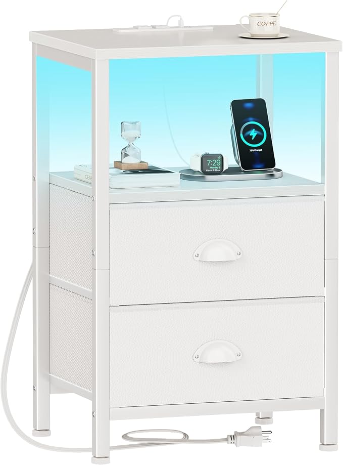 Furologee LED Night Stand with Charging Station, White Nightstand with Fabric Drawers, Bedside Table with Storage Shelf, End Table for Living Room/Bedroom/Dorm by Furologee
