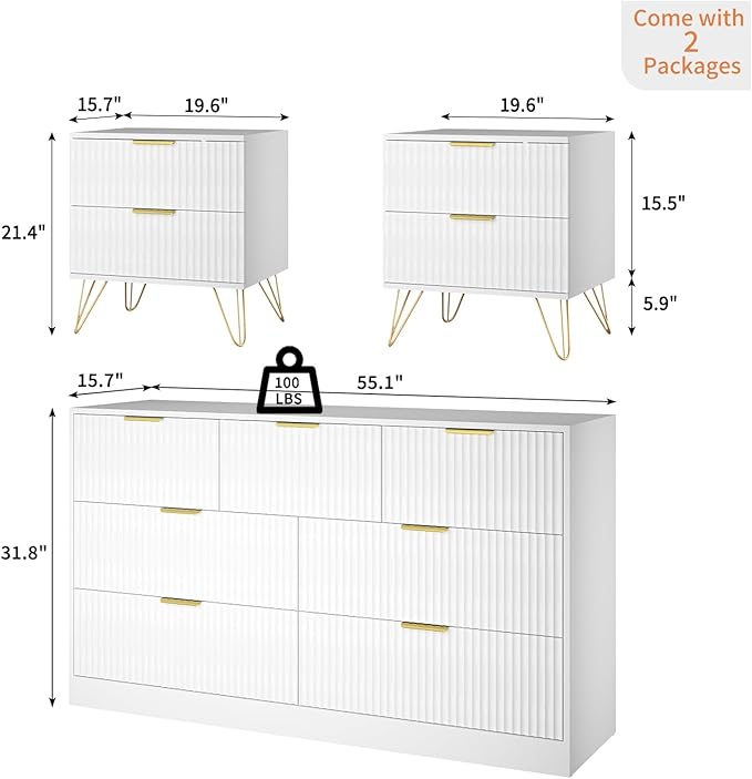 7 Drawer Dresser and Nightstand Sets, 3 Pcs Bedroom Set for Bedroom, Fluted Night Stand Set of 2 & 55" Wide Dresser w/Gold Handles, Modern Wood Chest of Drawers Storage Cabinet Set, White