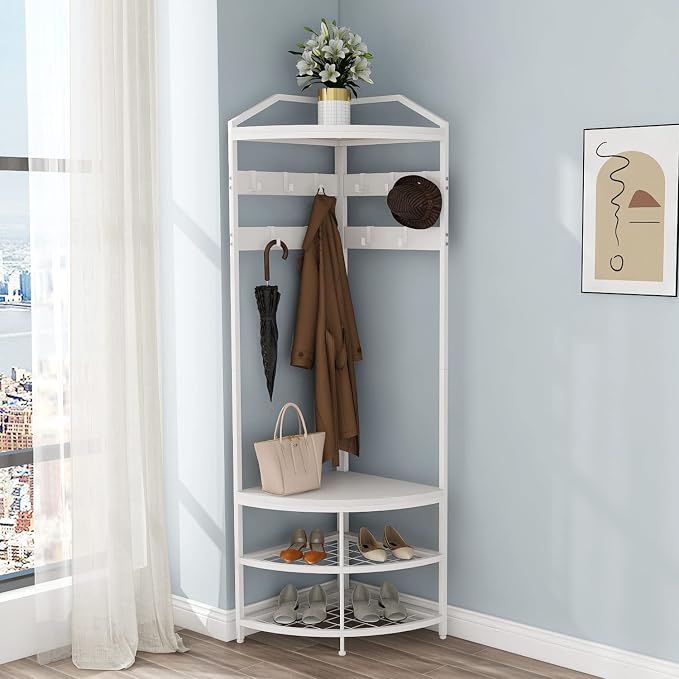 GiftGo Corner Hall Tree with Shoe Bench Entryway Coat Rack with 10 Metal Movable Hooks Freestanding Clothes Rack Shoes Shelf Organizer for Home Office Bedroom (White) by GiftGoDirect