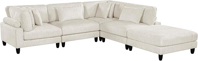 Lexicon 120 Inch Modular Sectional Sofa - Oversized 5 Seater Microfiber L Shaped Sectional Couch with Ottoman, 6 Accent Pillows, and Flexible Arrangement for Modern Living Rooms, Beige