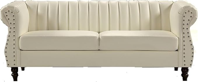 Chesterfield-Inspired 77" Faux Leather Sofa with Elegant Design, Gourd Legs, and Sustainable Pleather Upholstery, 3 Seater Couch for Living Rooms and Offices, Cream White