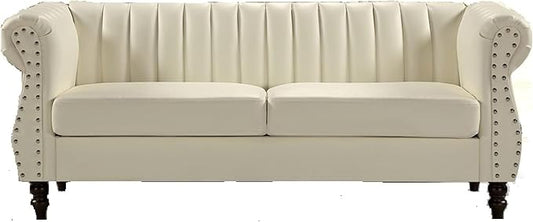 Chesterfield-Inspired 77" Faux Leather Sofa with Elegant Design, Gourd Legs, and Sustainable Pleather Upholstery, 3 Seater Couch for Living Rooms and Offices, Cream White