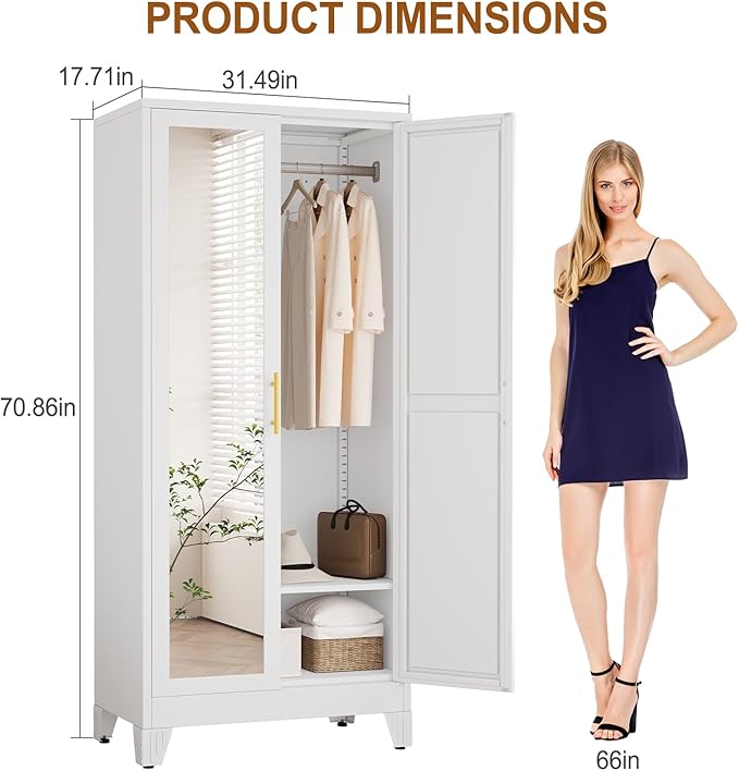 Metal Armoire Wardrobe Closet Storage Cabinet with Mirror White, 71'' Wardrobe Cabinet with Hanging Rod Metal Closet with 2 Adjustable Shelves for Bedroom, Laundry Room, Cloak Room