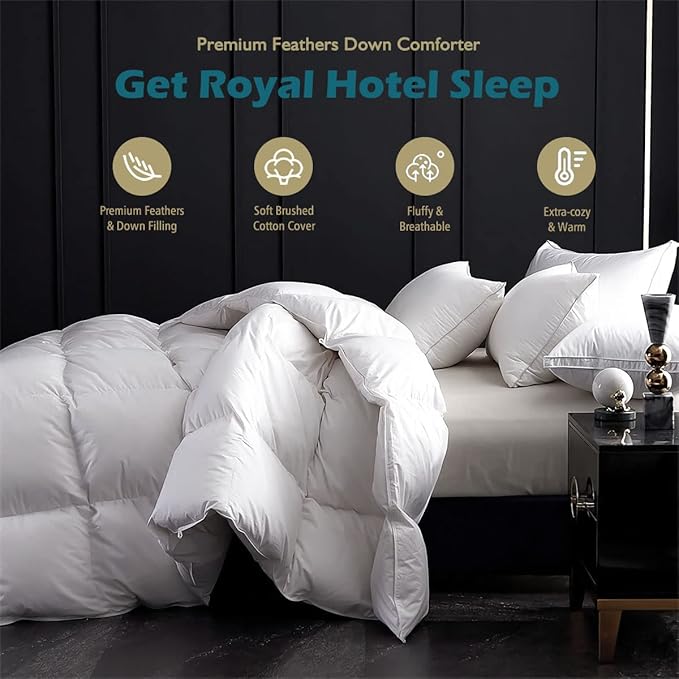 Cobnom® Luxury Organic Feather Down Comforter Twin Size, All-Season Duvet Insert, Fluffy High Fill-Power Down Feather Filled, 100% Cotton Cover, Medium Warm, Ivory White, 68x90 Inch