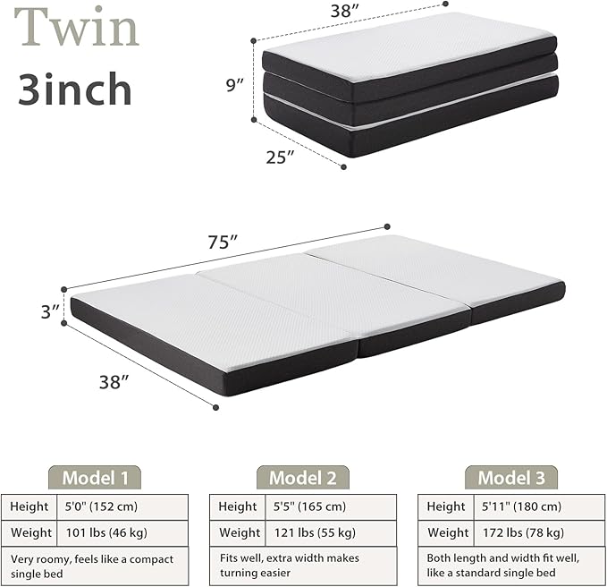 Tri Fold Memory Foam Foldable Mattress Twin, 3 inch Folding Mattress for Guest Sleep. Portable Trifold Mat with Removable Washable Cover, Floor Sleeping Mat for Adult and Kid