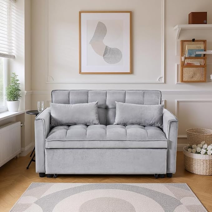 3 in 1 Convertible Sleeper Sofa Bed, Pull Out Couch Loveseat Futon, Adjustable Backrest Velvet Sofa with Pillows and Side Pockets for Living Room Apartment, Light Grey