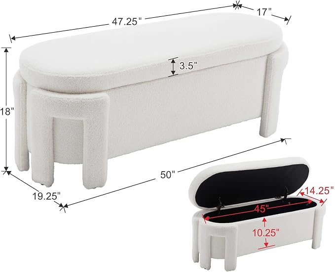 50" Ottoman Storage Bench, Modern End of Bed Bench with Upholstered Seating, Comfy Cute Oval Entryway Bench for Living Room/Bedroom/Entrance/Hallway, Sherpa White - Image 2