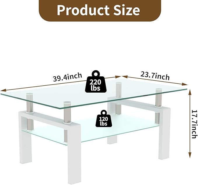 39.4'' Rectangle Glass Coffee Table, White Coffee Table with Tempered Glass & Metal Legs, 2-Tier Modern Center Table with Storage Shelf, Clear Glass Coffee Tables for Living Room, Apartment, Office
