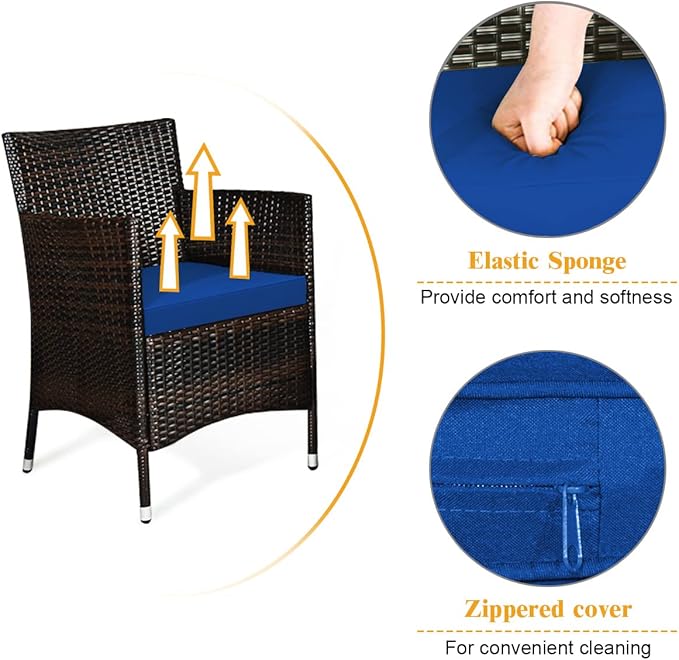 8 Pieces Patio Sofa Set, Wicker Conversation Set with Ergonomic Curved Backrest, Water-Resistant Cushion & Tempered Glass Table for Balcony, Porch (Navy Blue)