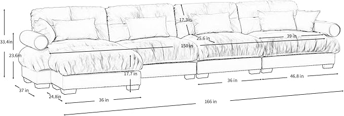 KEIKI 166" L-Shaped Oversized Velvet Modular Sectional Sofa with 1 Ottoman, High-Density Foam Cushions and Bolstered Armrests, Upholstered 4-Seater Cloud Couch with 6 Pillow, for Living Room, Camel
