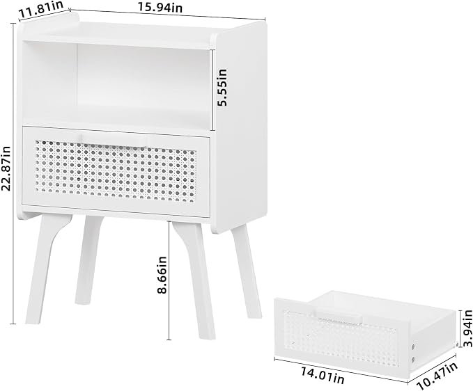 Lerliuo Rattan Nightstands Set of 2, Side Table with Drawer Open Shelf, Cane Accent Bedside End Table with Solid Wood Legs, Mid Century Modern Night Stand for Bedroom, Dorm and Small Spaces (White) - Image 3