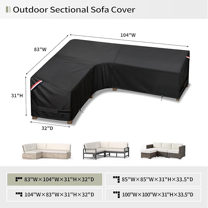 KylinLucky L-Shaped Patio Sectional Sofa Cover 83"x104" Reversible, Heavy Duty Waterproof Left/Right Facing Outdoor Couch Cover, All-Weather Black - Image 2