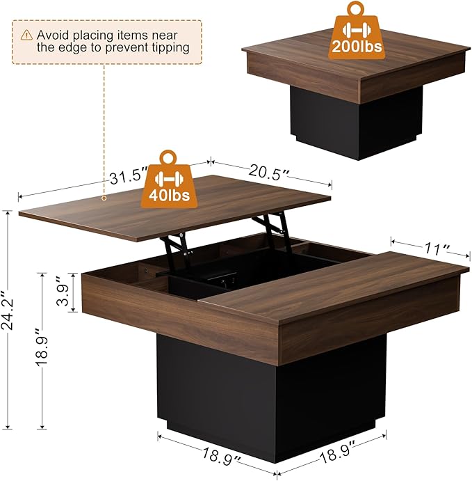 FABATO Lift Top Coffee Table with LED Light and Charging Station, 31.5 Inch Square Coffee Table with Hidden Storage, Modern Farmhouse Center Table for Living Room, Reception Dinning Room,Black