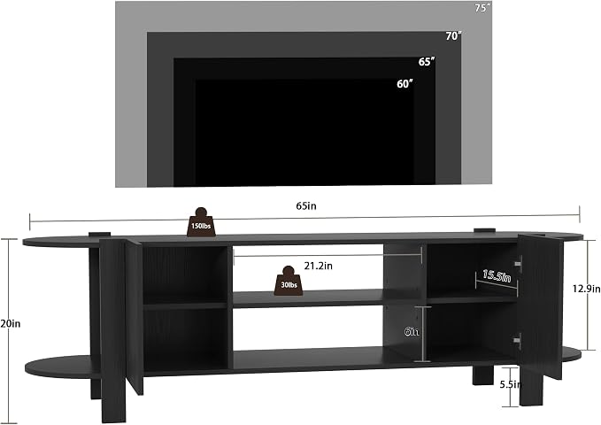 65 Inch TV Stand for Up to 75 inch TVs, Fluted Entertainment Center with Adjustable Shelve, Curved Round Corner TV Console Table with Storage Cabinet for Living Room, Bed Room (Black) - Image 2