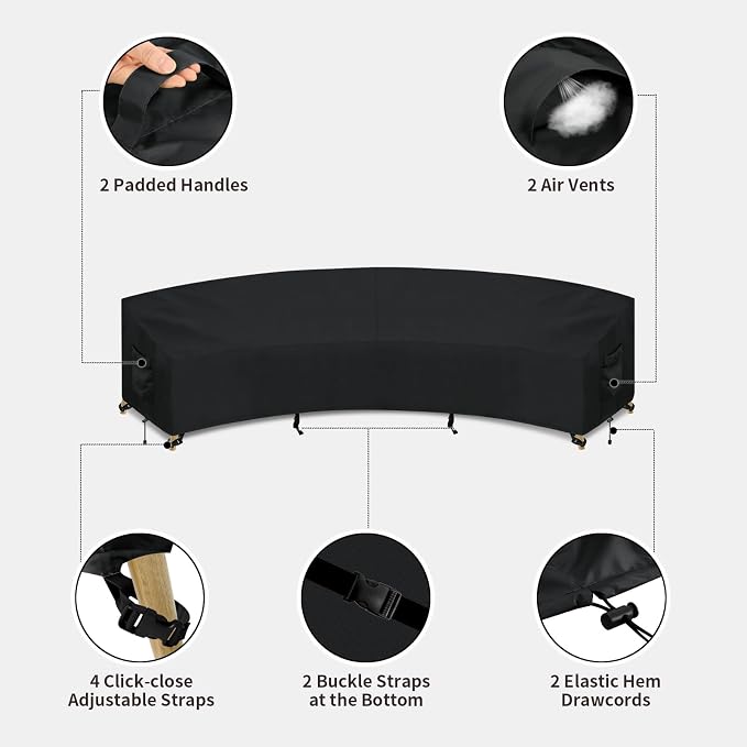 PureFit Outdoor Sectional Sofa Cover Waterproof Curved Patio Furniture Covers for Deck, Lawn and Backyard, 150Lx36Dx38Hx112FL, Black - Image 5