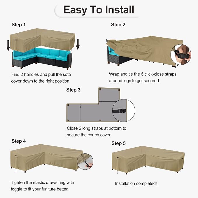 PureFit Outdoor Sectional Sofa Cover Waterproof L Shaped Patio Furniture Covers for Deck, Lawn and Backyard, 83”x104” Left Facing, Camel - Image 7