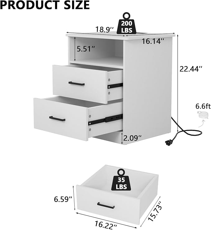 Night Stand with Charger Station, Modern Nightstand with USB Type-C Ports and AC Outlets, Large Bedside Table with 2 Drawers and Open Storage, Wooden End Table for Bedroom (White, 2 Drawers) - Image 2