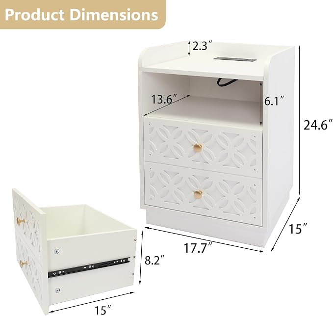 Set of 2 White Nightstands with Charging Station, Modern Bedside Table with Outlets & USB Ports, Small End Table with Drawer Storage for Bedroom Small Space, 17.7 W - Image 2