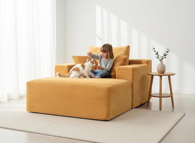 Monroe Convertible Chaise Lounge Chair Indoor – Oversized Corduroy Couch with Wide Armrest & Throw Pillows, Cozy Boneless Sleeper Sofa Bed Armchair, Ginger Yellow