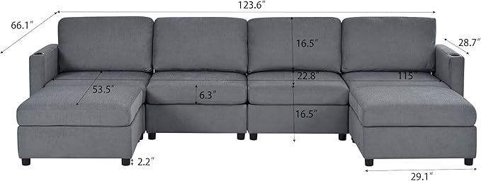ERYE Oversized Chenille Upholstered Modular Storage Sectional Sofa Couch W/2 Movable Ottomans & Cupholders, U-Shaped Free Combined Sofa Couch Convertible Sleeper Sofabed for Living Room Apartment