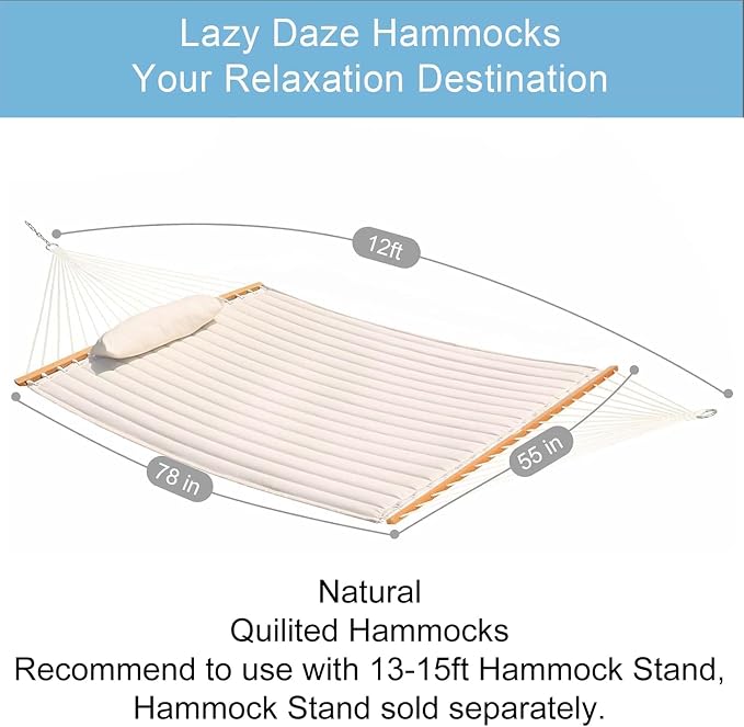 Lazy Daze Hammocks 12 FT Double Quilted Fabric Hammock with Spreader Bar and Detachable Pillow, 2 Person Hammock for Outdoor Patio Backyard Poolside, 450lbs Weight Capacity, Natural - Image 2