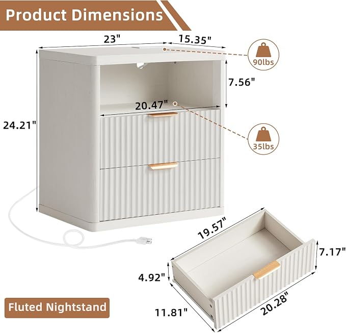LEYAOYAO Fluted Nightstand Set of 2 with Charging Station, 23" Wide 2 Drawers End Table,Antique White Dresser for Bedroom,Bed Side Table Chest of Drawers Cabinet,Wood Night Stand for Living Room - Image 3