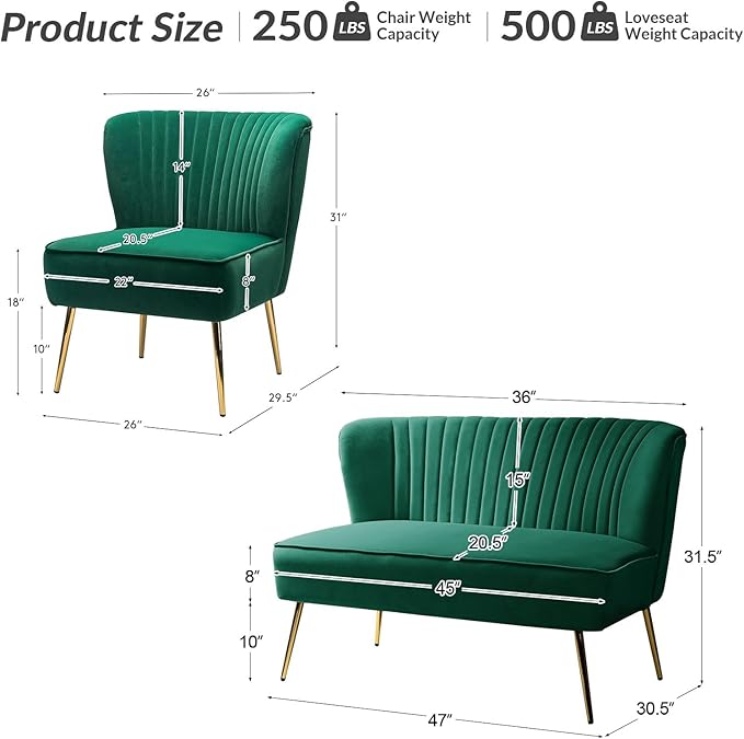 HULALA Home 3 Piece Velvet Living Room Furniture Set, Modern Comfy Upholstered Chair Set with Golden Legs, Include Loveseat & 2 Accent Chairs for Bedroom, Green Tufted 2-Seater Sofa & Armless Chairs
