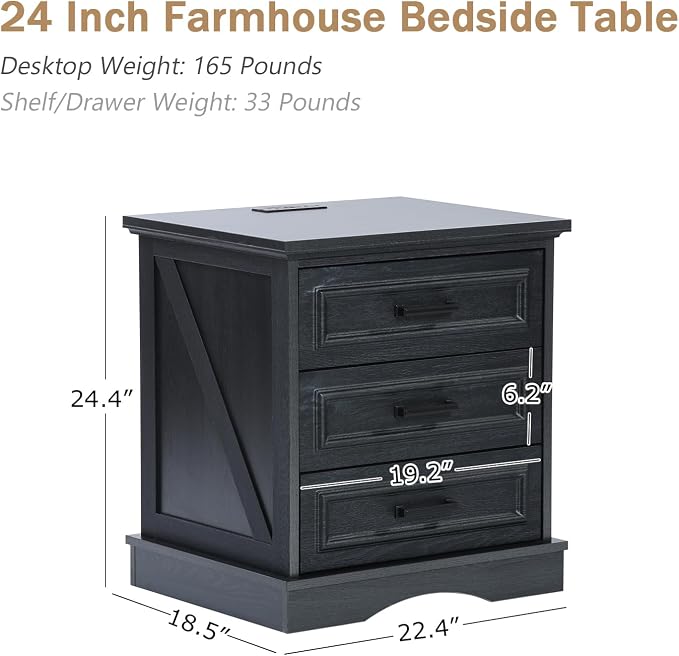 Farmhouse Nightstand with Charging Station, Wood Night Stands with 3 Drawers, 22" Wide End Table with Storage, Black Bedside Cabinet for Bedroom - Image 2