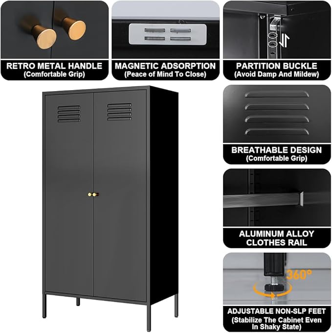 2 Door Metal Cabinet,Classified Storage Tall Storage Cabinet with Hanging Rod&2 Freely Adjustable Shelves, Metal Tall Storage Cabinet for Garage, Storage Room,Home (Steel Cabinet,Black)