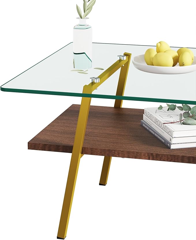 IANIYA Glass Coffee Table for Living Room Small Gold Mid Century Coffee Table for Living Room with Wood Shelves (Gold Frame, Transparent Glass + Brown Wood)