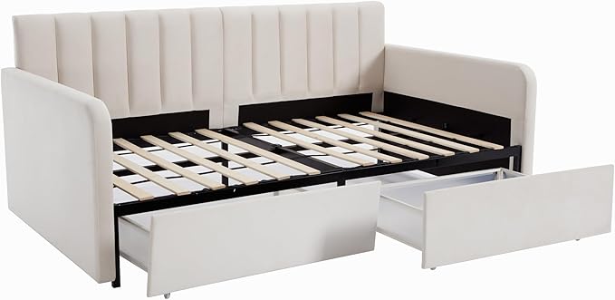 Christopher Knight Home Flora Twin Size Upholstered Daybed with 2 Drawers, Futon Sofa Bed with Storage, Lavish Design Ribbed Tufted Backrest, Couch Bed Frame for Bedroom Living Room, Beige Velvet