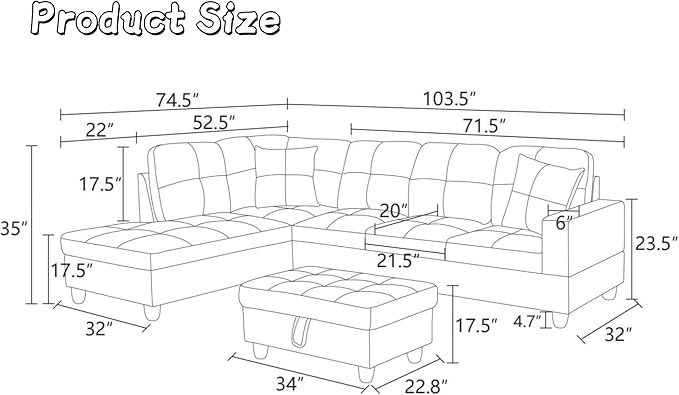 NicBex Modular L-Shaped Sectional Couches, 3-Piece Convertible Couch with Storage Ottoman, 4-Seat Comfy Sofa with Chaise for Living Room & Apartment, Cream White