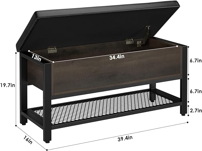 HOSTACK Storage Bench, Entryway Shoe Bench with Flip-Open Storage Box, End of Bed Ottoman Bench with Storage Shelf and Padded Seat for Bedroom, Hallway, Dark Brown - Image 3