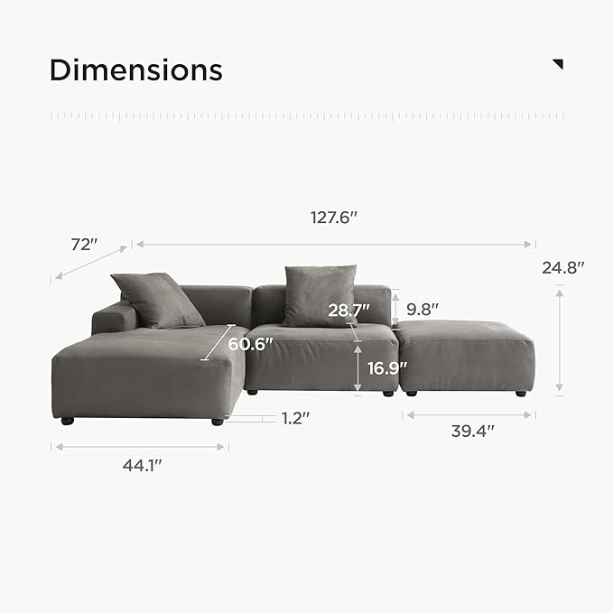 Acanva Luxury Modern Modular L-Shape Sectional Sofa Set, 3 Seat Upholstered Couch with Chaise Lounge for Living Room Bedroom Apartment,Gray